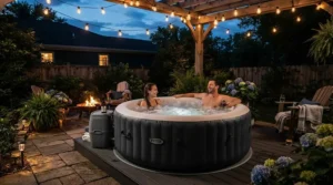 An affordable hot tub installed on a paved patio in a residential back garden, steaming gently in the evening light.