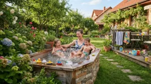An impact-resistant rotomoulded hot tub in a busy family garden with children playing nearby safely.