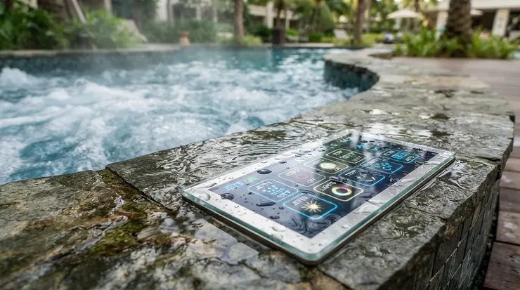 A close-up view of a digital control panel on the rim of an affordable home hot tub.