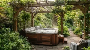 A luxury-style home hot tub sheltered beneath a wooden garden gazebo with climbing foliage.