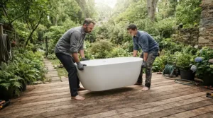 Showing the ease of moving, two people position a lightweight rotomoulded hot tub on a wooden decking.