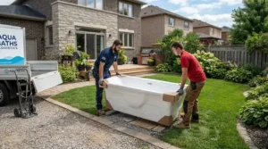 A low unit weight rotomoulded hot tub being unloaded effortlessly for a residential garden installation.