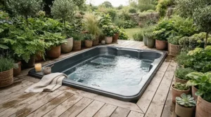 A sleek hard shell hot tub seamlessly integrated into raised timber decking in a landscaped garden