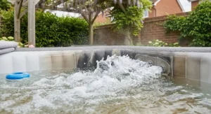 Close-up of bubbling hydrotherapy massage jets inside a square inflatable hot tub