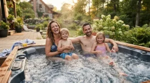 A family enjoying a weekend soak in a durable plug and play hot tub in their backyard