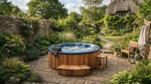 A plug and play hot tub installed on a modern paved garden patio ready for use