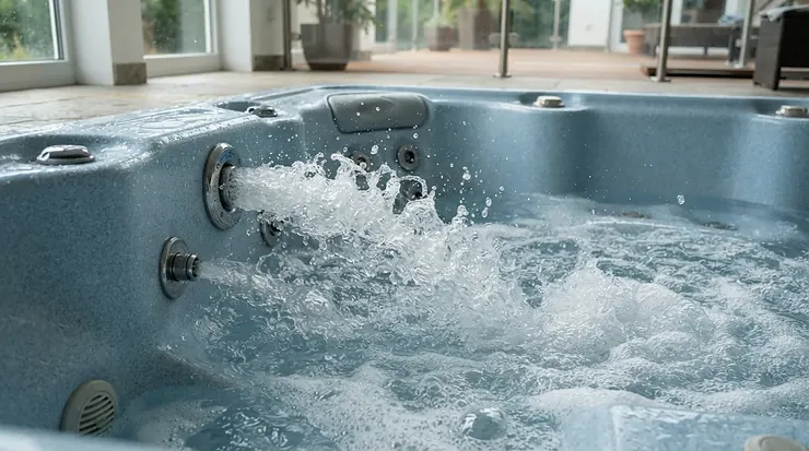 Active hydrotherapy water jets creating bubbles inside a plug and play hot tub