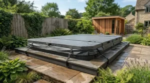 An insulated thermal cover resting securely on top of an outdoor plug and play hot tub