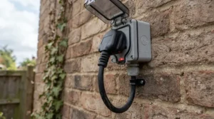 Close-up of a plug and play hot tub power cable plugged directly into a standard outdoor socket