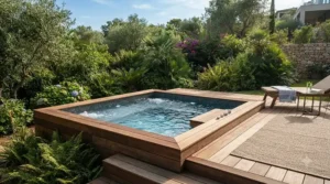 Plug and play hot tub under £5000 positioned on decking with wooden fencing