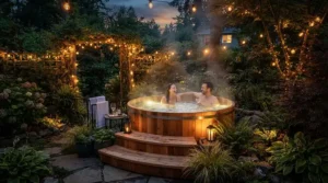 Steaming water in a plug and play hot tub during a chilly winter evening with ambient lighting