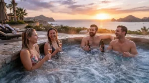 Friends socialising in a portable hot tub during a warm British summer evening.