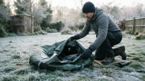 Setting up a portable spa designed as an inflatable hot tub for cold weather on a frosty lawn