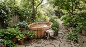 A compact rotomoulded hot tub fitted neatly into a small British cottage garden with paved patio flooring.