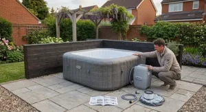 Easy step-by-step assembly and self-inflation of a square inflatable hot tub on a paved patio