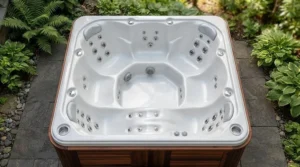 Square hot tub under £5000 with convenient drink holders and comfortable seating contours