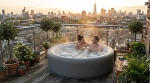 Two-person hot tub under £5000 fitted comfortably onto a small courtyard patio