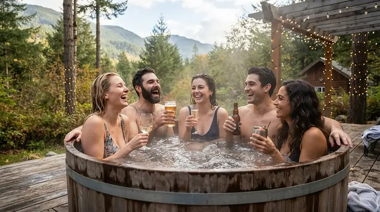 Friends enjoying drinks in an inflatable hot tub for cold weather during a winter garden gathering