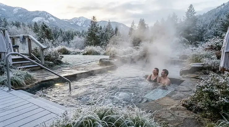 Winter use hot tub under £5000 with heavy steam rising into cold crisp air